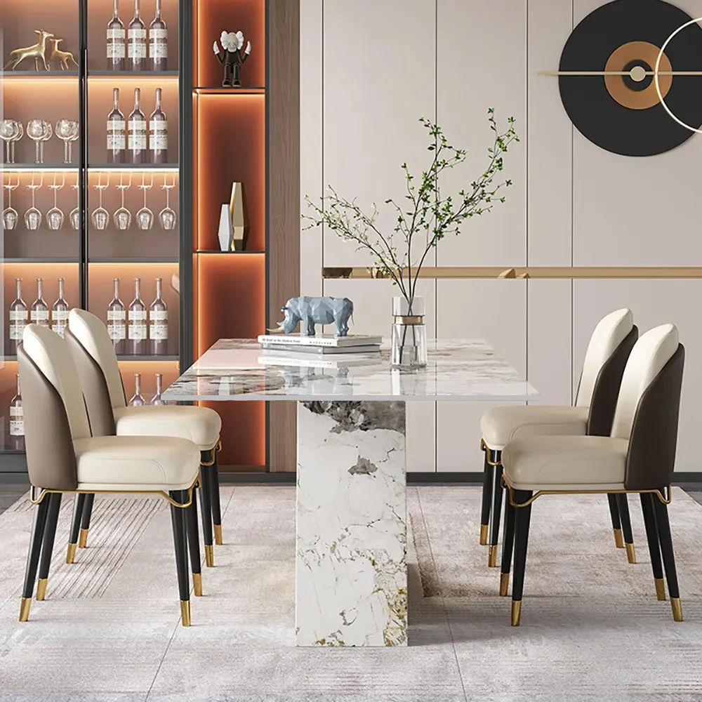 Luxotic Rectangle Modern Sintered Stone Top Dining Table for 6 Stainless Steel Gold With Chairs