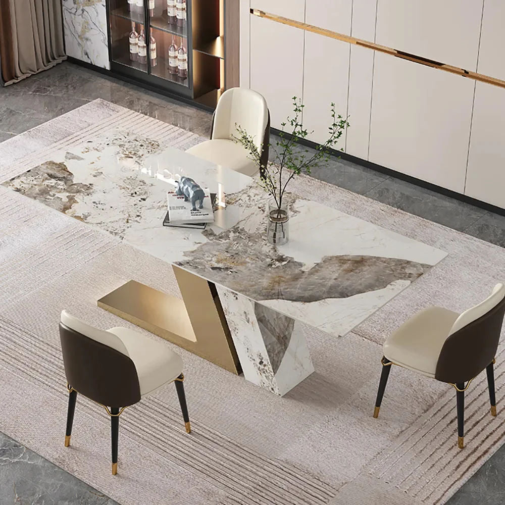 Luxotic Rectangle Modern Sintered Stone Top Dining Table for 6 Stainless Steel Gold With Chairs