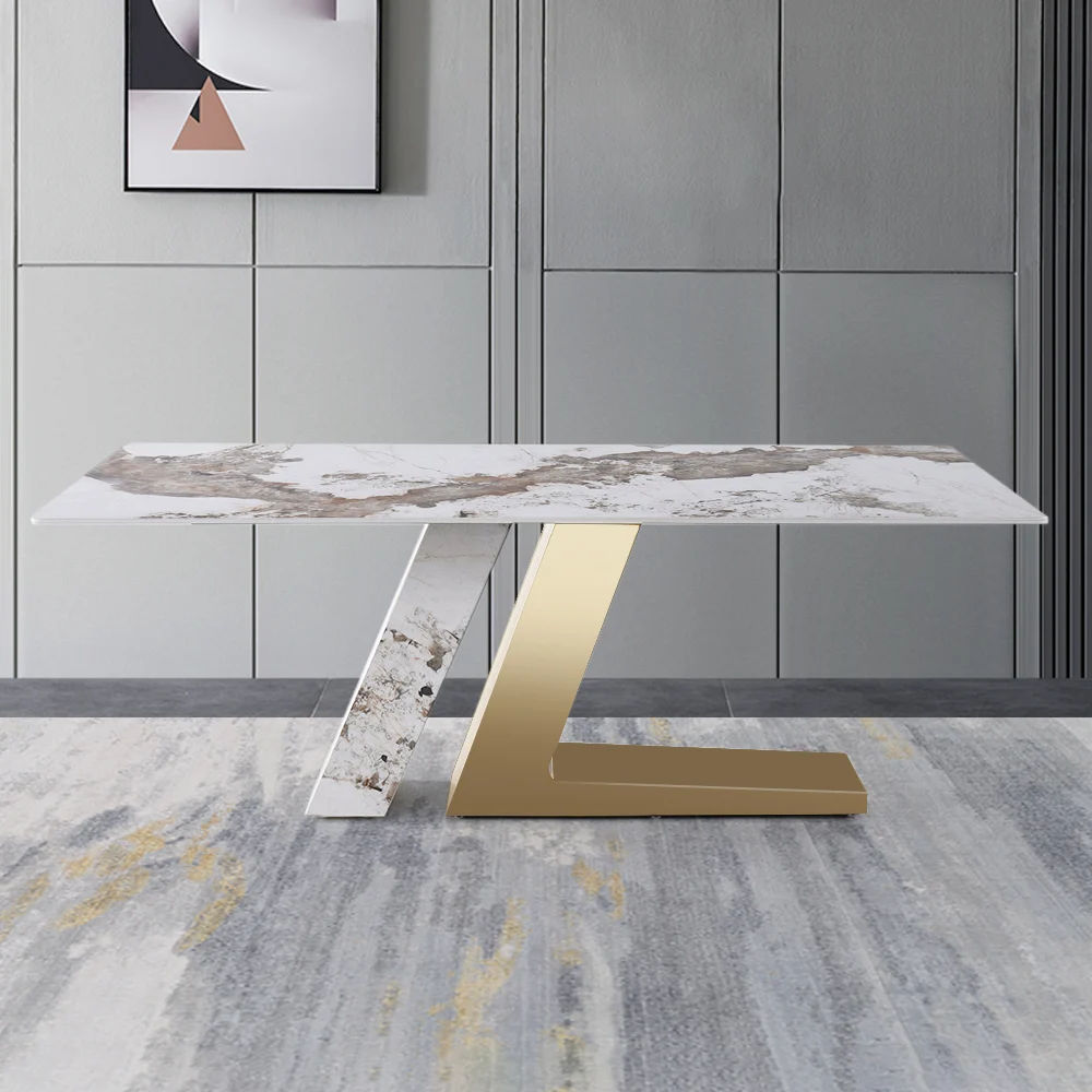 Luxotic Rectangle Modern Sintered Stone Top Dining Table for 6 Stainless Steel Gold Table Only