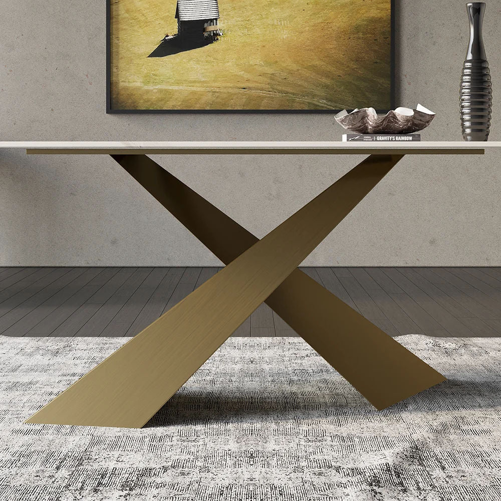 White Sintered Stone Top Rectangle Modern Dining Table Antique Brass X-Base 70.9"L x 35.4"W x 29.5"H