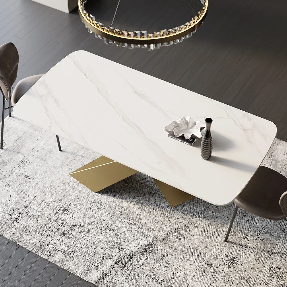 White Sintered Stone Top Rectangle Modern Dining Table Antique Brass X-Base 78.7"L x 39.4"W x 29.5"H