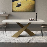 White Sintered Stone Top Rectangle Modern Dining Table Antique Brass X-Base 78.7"L x 39.4"W x 29.5"H