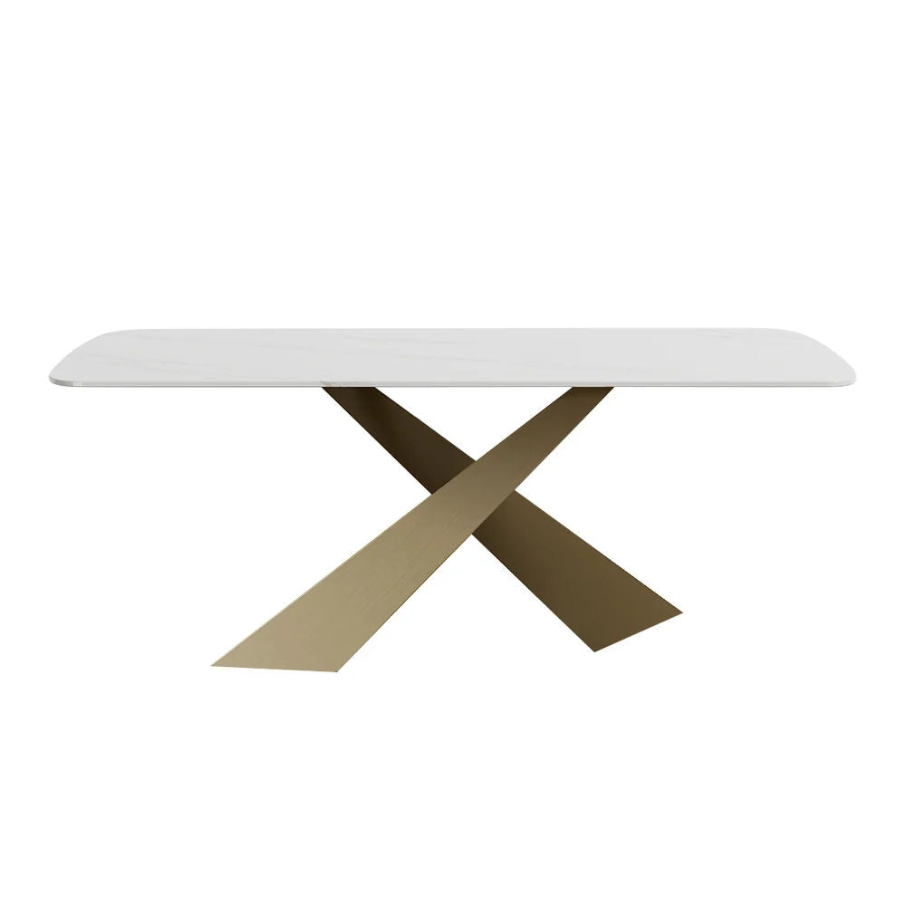 White Sintered Stone Top Rectangle Modern Dining Table Antique Brass X-Base 78.7"L x 39.4"W x 29.5"H