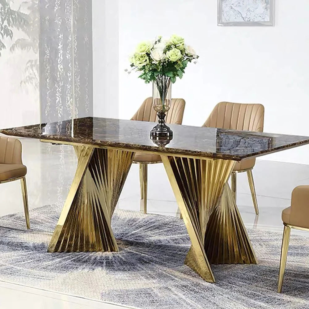 Espresso Modern Dining Table with Marble Top & Gold Stainless Steel Pedestal Rectangle 78.7"L x 39.4"W x 29.5"H