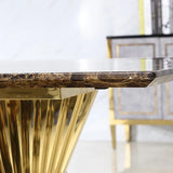 Espresso Modern Dining Table with Marble Top & Gold Stainless Steel Pedestal Rectangle 78.7"L x 39.4"W x 29.5"H