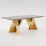 Espresso Modern Dining Table with Marble Top & Gold Stainless Steel Pedestal Rectangle 78.7"L x 39.4"W x 29.5"H