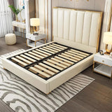 Platform Bed White Upholstered Faux Leather Bed with Gold Legs White