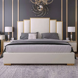 Modern Faux Leather Upholstered Bed in White Geometric Headboard Included White