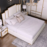 Modern Faux Leather Upholstered Bed in White Geometric Headboard Included White