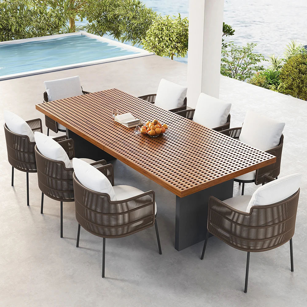 9 Pieces Outdoor Patio Dining Set for 8 Person with Rectangle Teak Table & Rattan Chairs Table Only