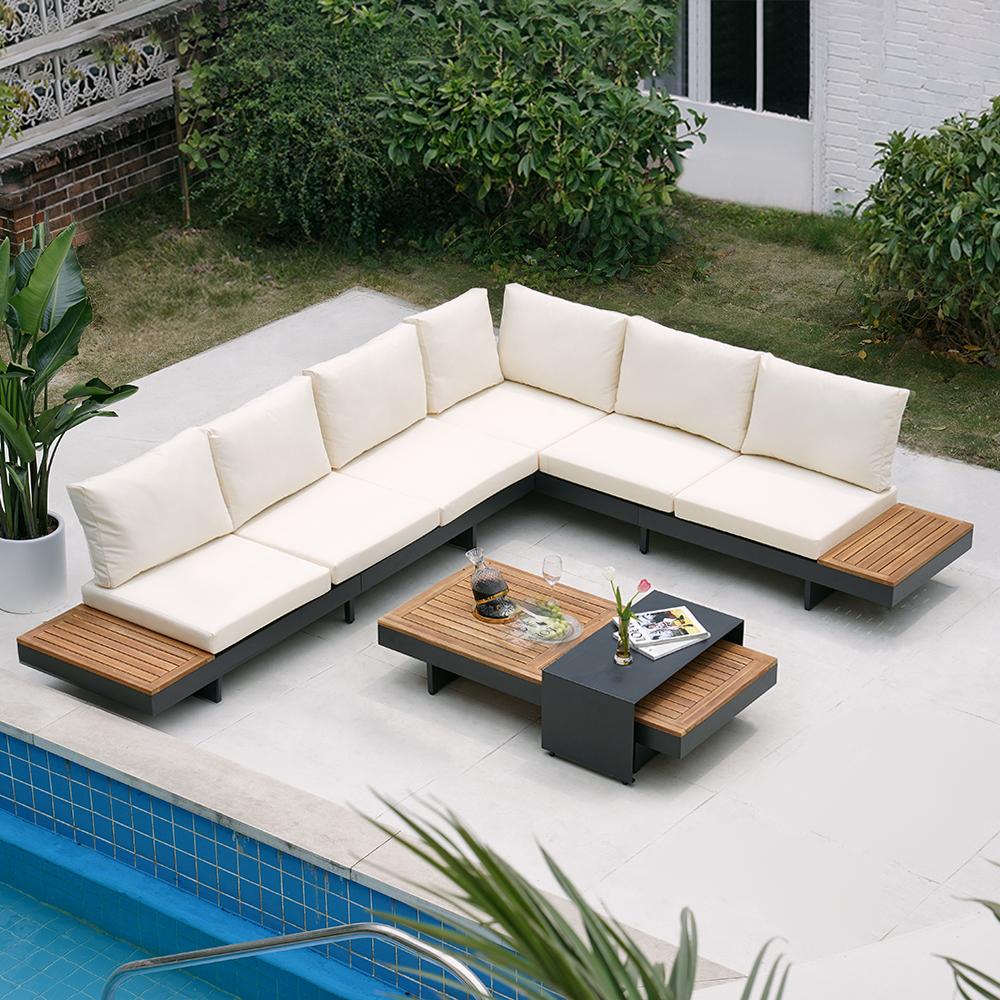 4 Pieces Modern L Shape Outdoor Sectional Sofa Set with Wood Coffee Table Beige