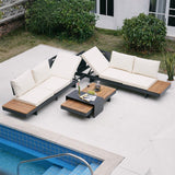 4 Pieces Modern L Shape Outdoor Sectional Sofa Set with Wood Coffee Table Beige