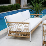 Ropipe Woven Rope Outdoor Sofa 3-Seater Sofa with White Polyester Pillow Cushion White;Khaki