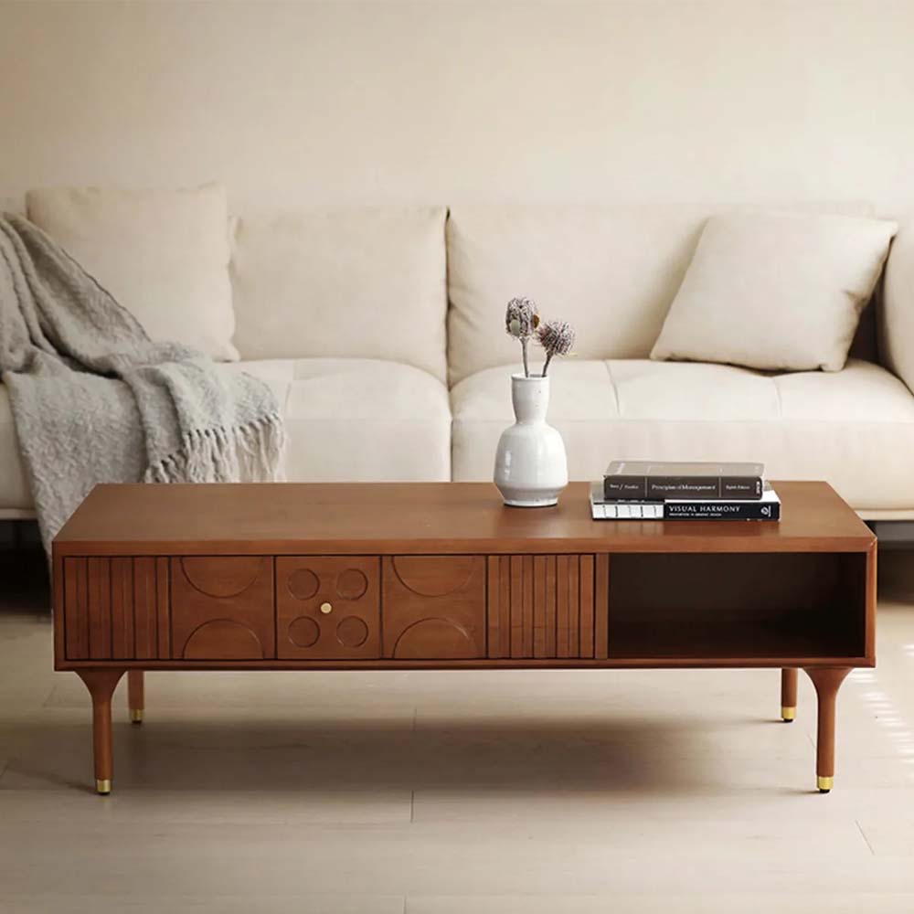 Mid-Century Modern Coffee Table - Min. Carved Storage| Free Shipping Walnut