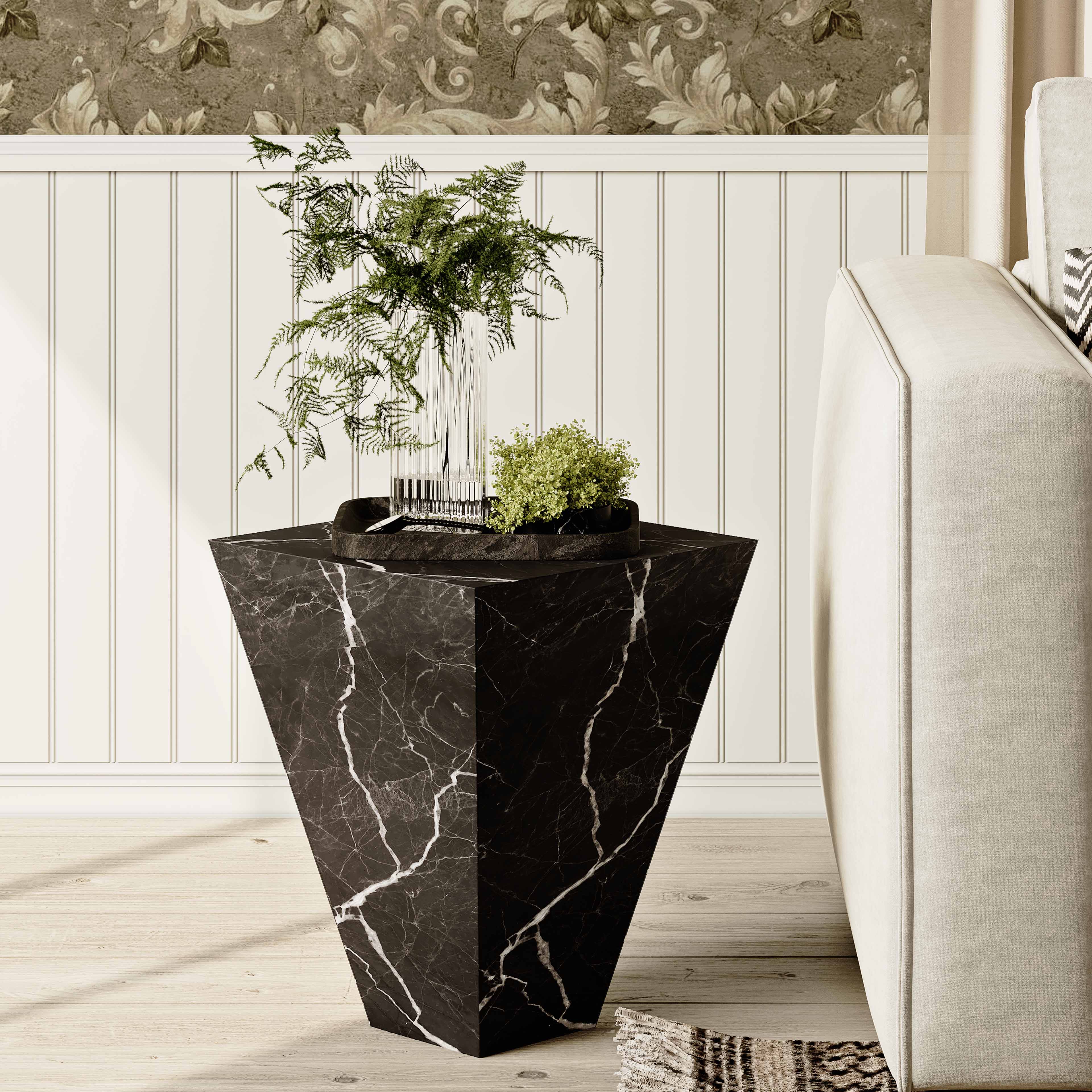 Drum Shaped White Faux Marble Coffee Table Black