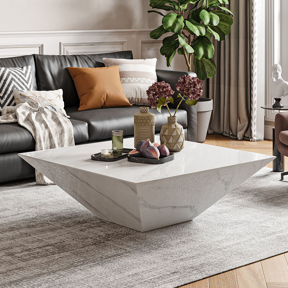 Drum Shaped White Faux Marble Coffee Table White