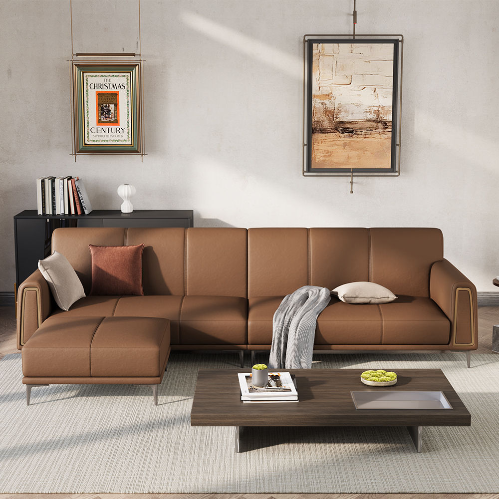 Modern Minimalist Cowhide 4 Seater Sofa Brown