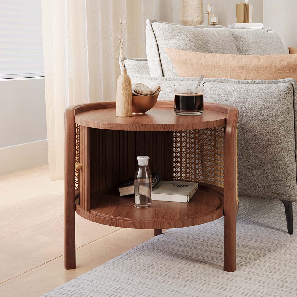 Solid Wood Coffee Table With Handwoven Rattan Walnut