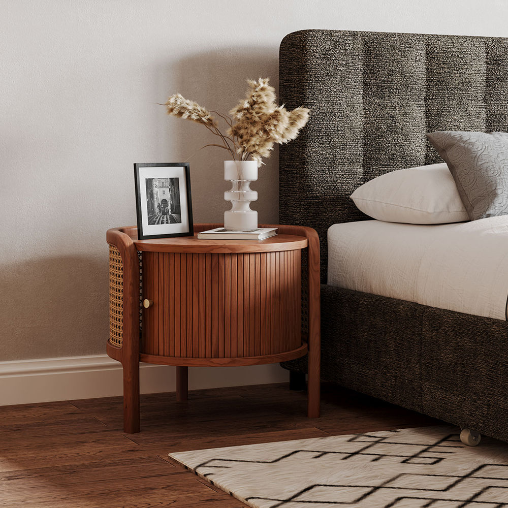 Solid Wood Coffee Table With Handwoven Rattan Walnut