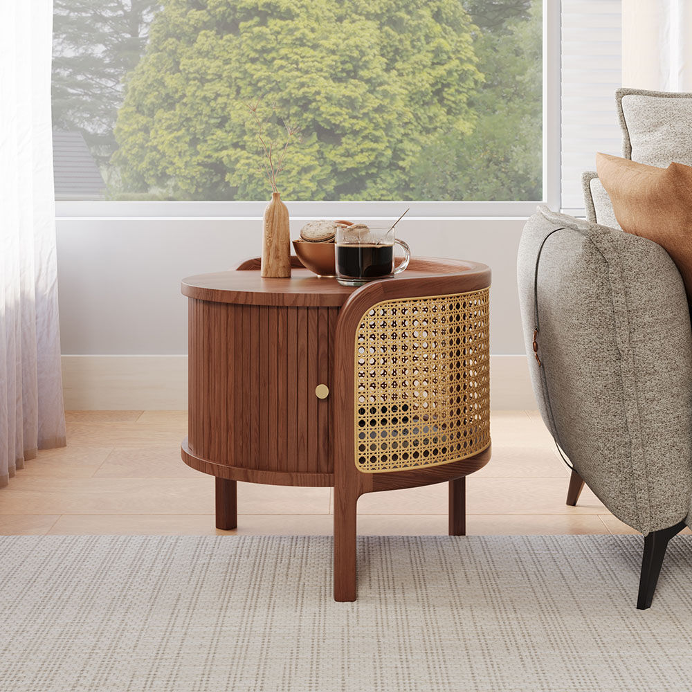 Solid Wood Coffee Table With Handwoven Rattan Walnut