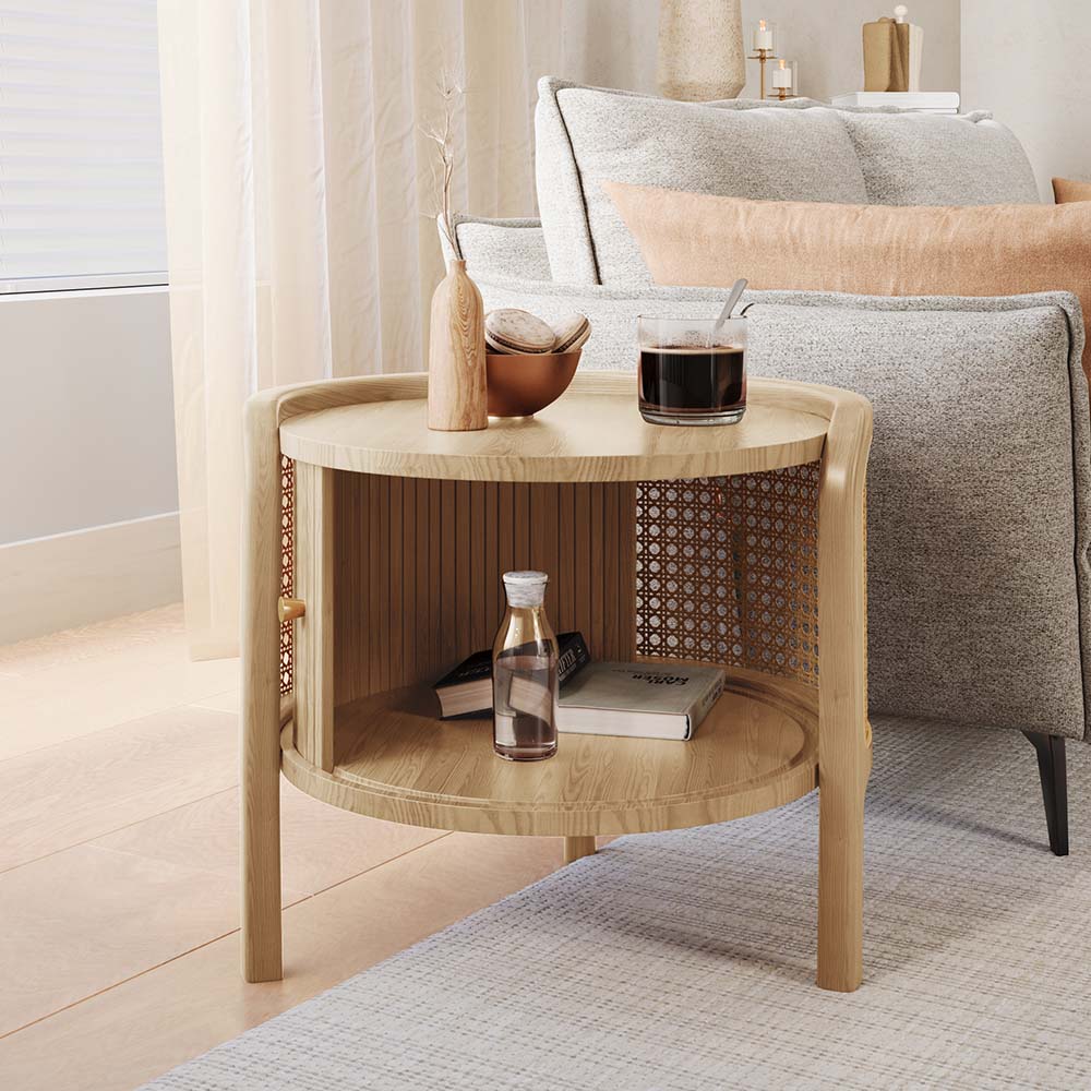 Solid Wood Coffee Table With Handwoven Rattan Wood color