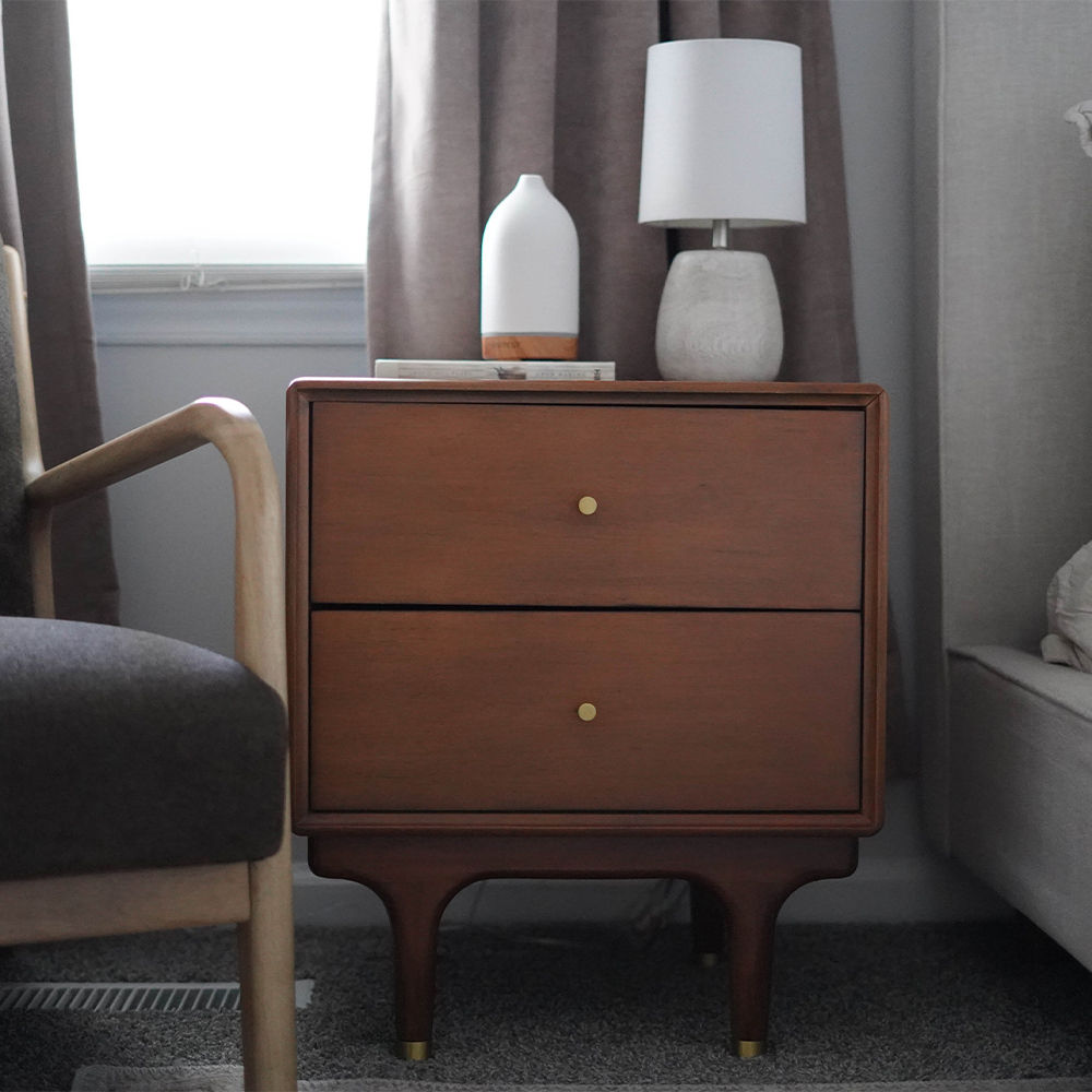 Mid-Century Modern Nightstand: 2 Drawers & Walnut Finish Walnut