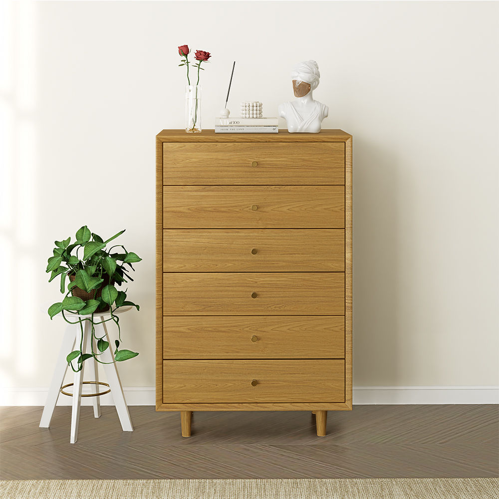 Mid Century Modern Natural Oak Tallboy Dresser – Large 6-Drawer Storage Chest Wood color