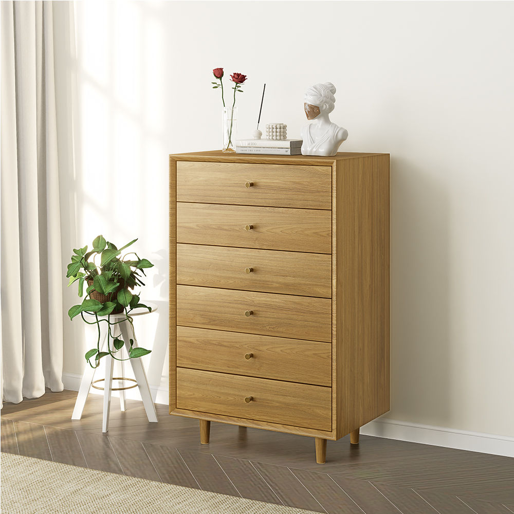 Mid Century Modern Natural Oak Tallboy Dresser – Large 6-Drawer Storage Chest Wood color