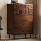 Mid Century Walnut Tallboy Dresser – Elegant Wooden Storage Solution with Carved Decorations Walnut