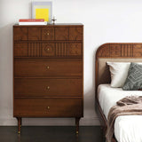 Mid Century Walnut Tallboy Dresser – Elegant Wooden Storage Solution with Carved Decorations Walnut