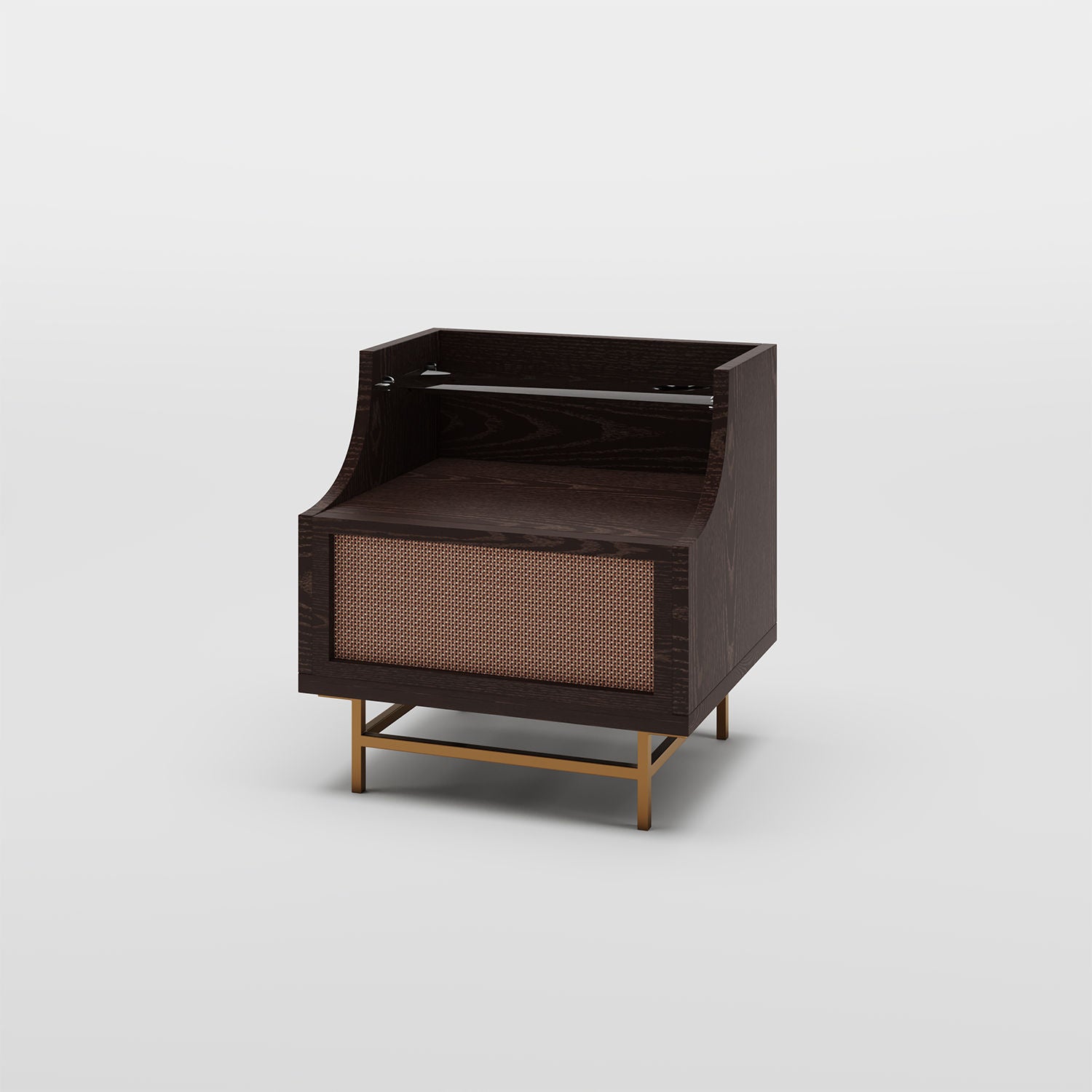 Mid-Century Modern Solid Wood Nightstand With Rattan Drawer Dark Brown