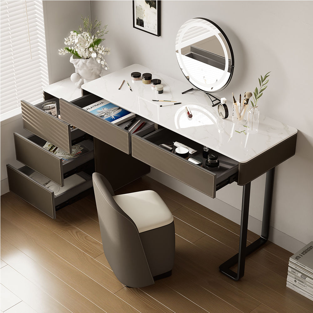 Stylish Gray Makeup Vanity with Desk and Vanity Combo Gray