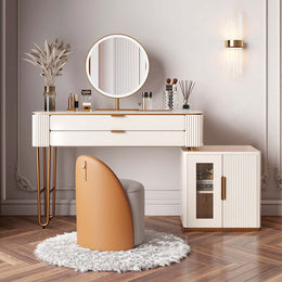 Stylish Bedside Table Dresser with Makeup Vanity and Chair Beige