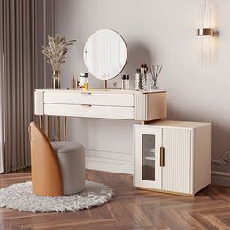 Stylish Bedside Table Dresser with Makeup Vanity and Chair Beige