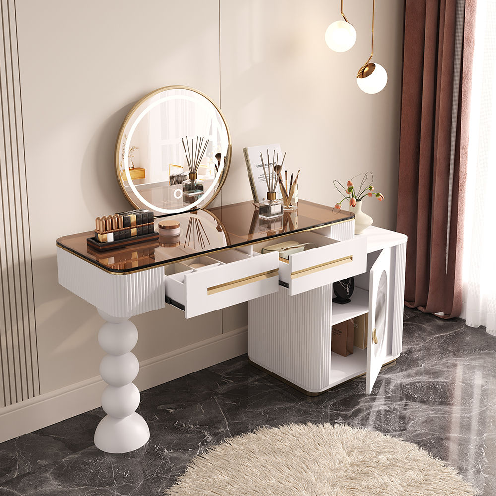 Modern Makeup Vanity: White Desk with Glass Top White