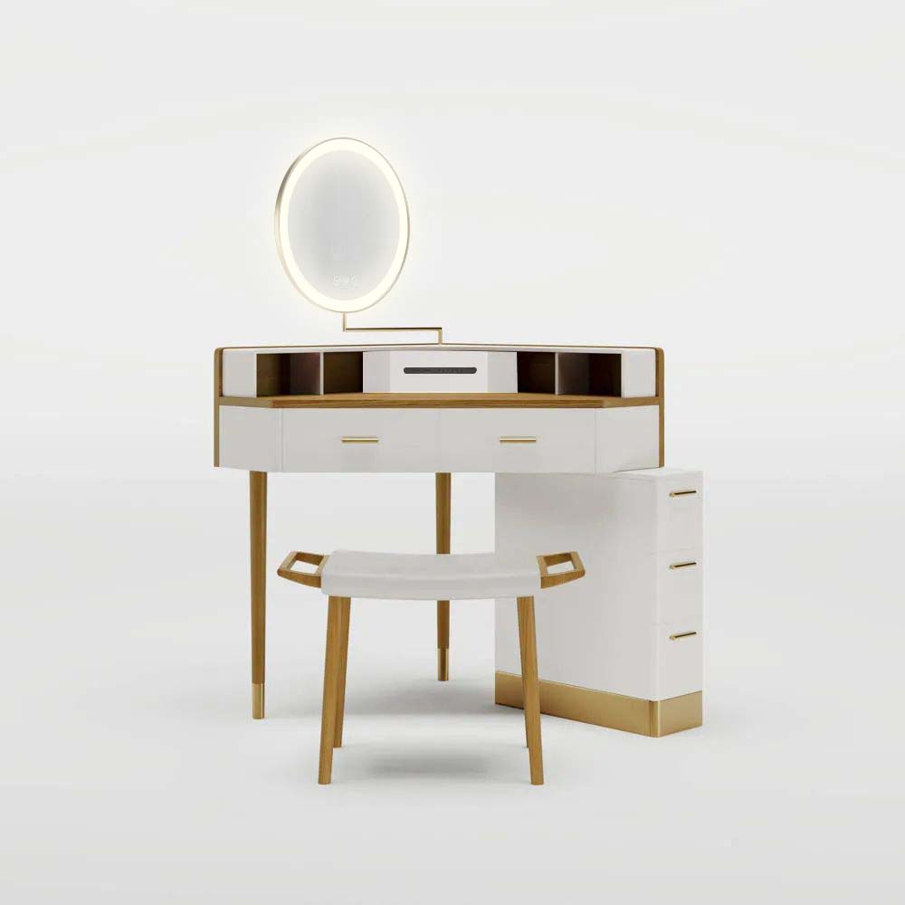 Elegant Corner Vanity Desk with Wood Makeup Vanity - Perfect Small White Vanity Furniture Set Light Wood