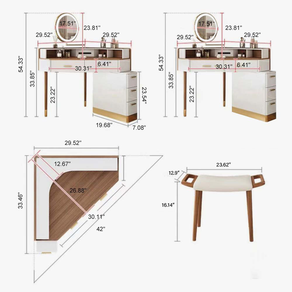 Elegant Corner Vanity Desk with Wood Makeup Vanity - Perfect Small White Vanity Furniture Set Light Wood