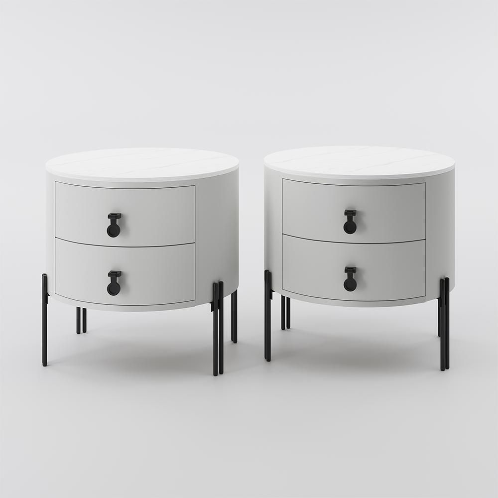 Round Nightstand With Two Drawers Light Gray