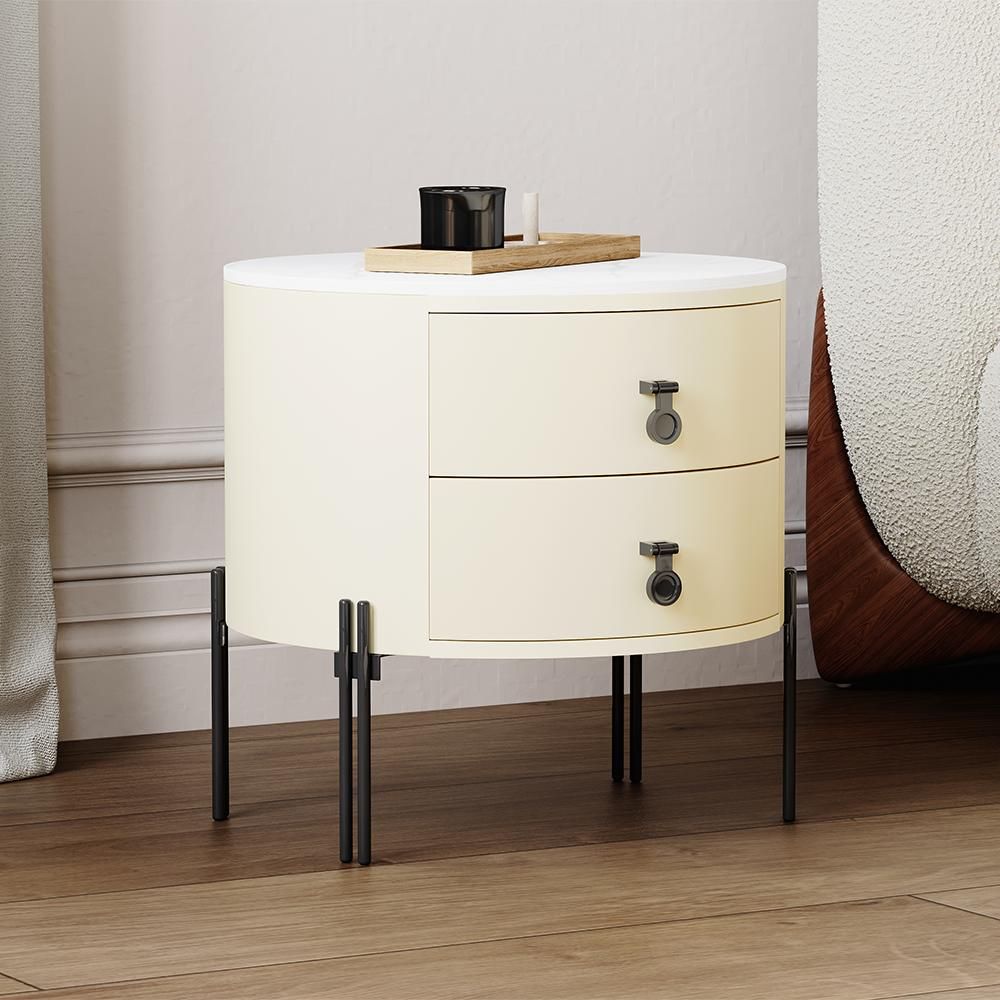 Round Nightstand With Two Drawers Beige