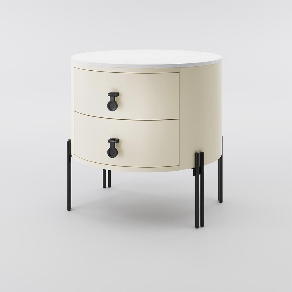 Round Nightstand With Two Drawers Beige