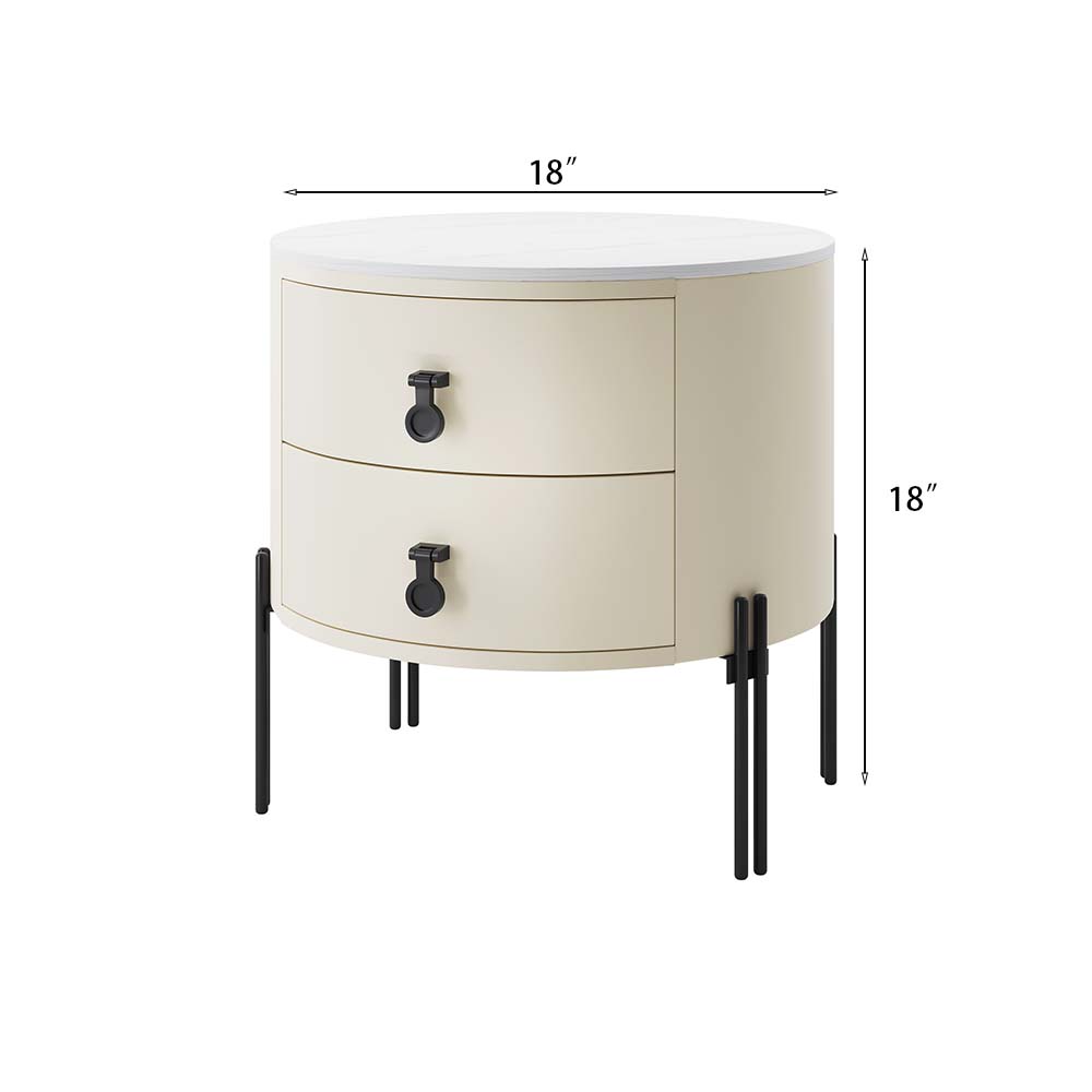 Round Nightstand With Two Drawers Beige