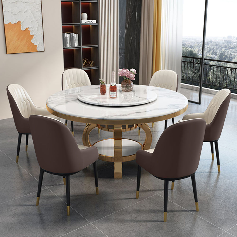 Luxury Round Marble Dining Table With White Lazy Susan White