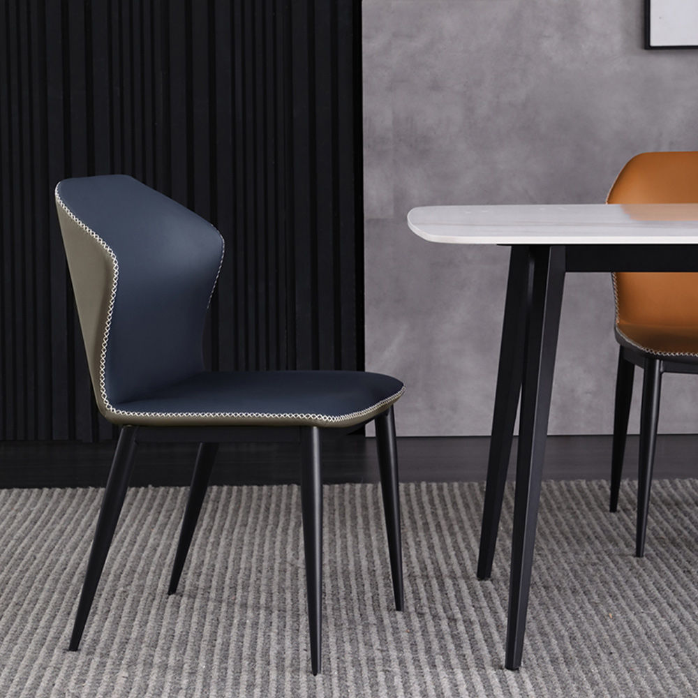 Modern Leather Side Chair With Carbon Steel Legs Navy Blue