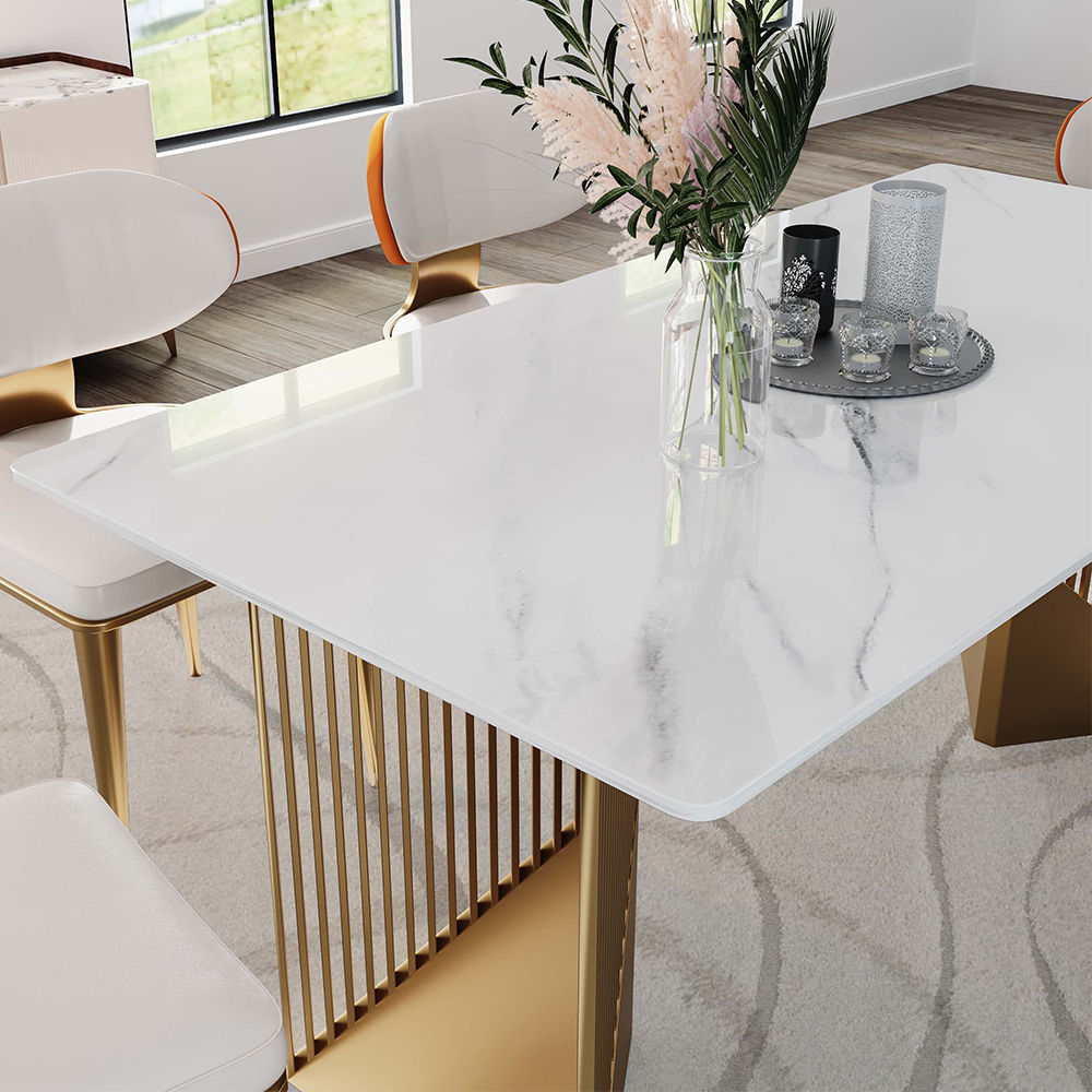 Stunning Modern Dining Table - White Rectangular Sintered Stone With Stainless Steel Base White