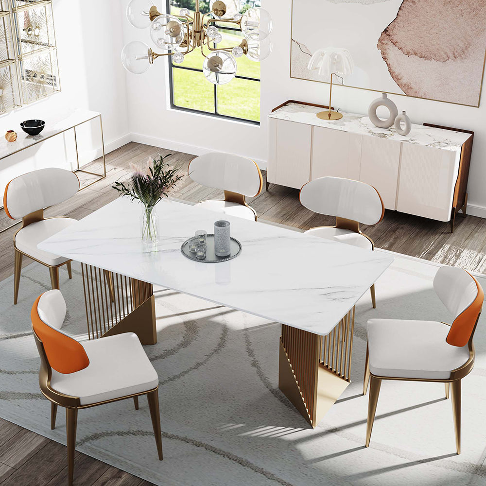 Stunning Modern Dining Table - White Rectangular Sintered Stone With Stainless Steel Base White