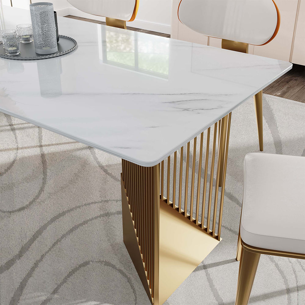 Stunning Modern Dining Table - White Rectangular Sintered Stone With Stainless Steel Base White