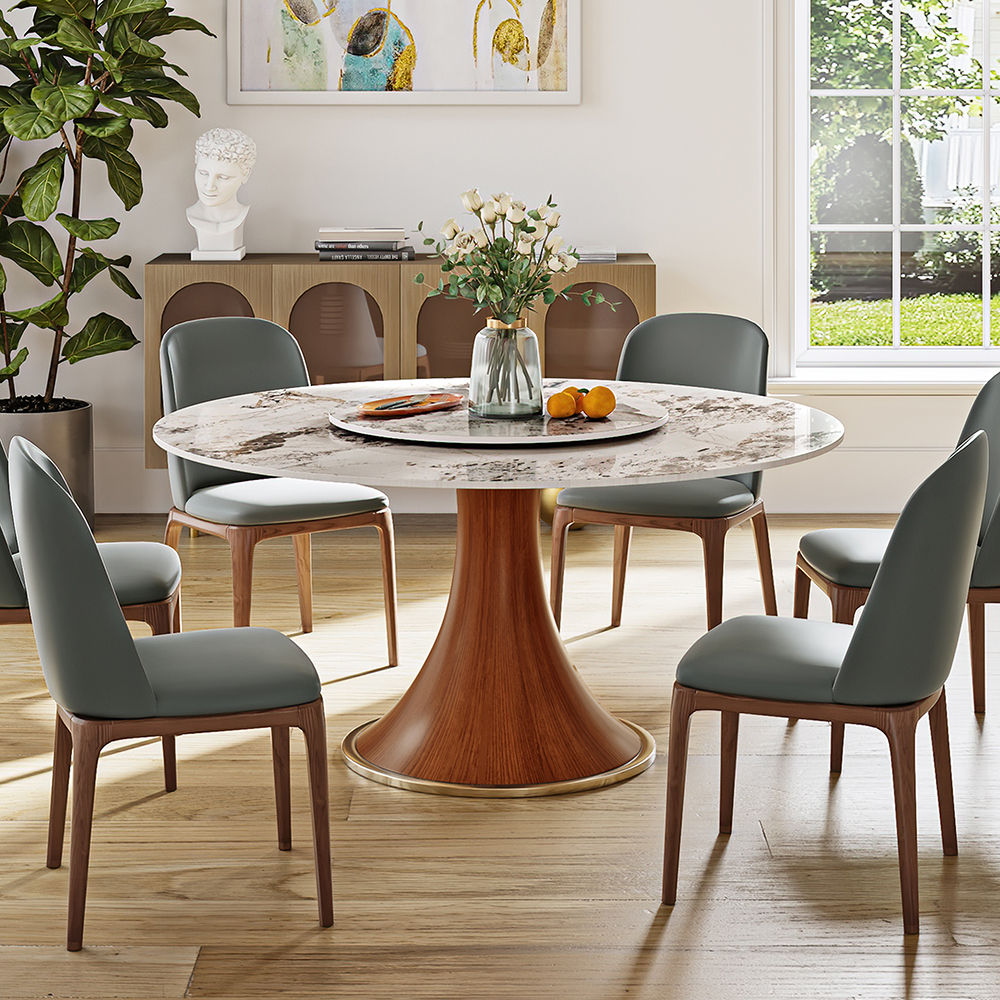 Modern Round Dining Table | Sintered Stone | Quality Wood | Free Shipping Wood color