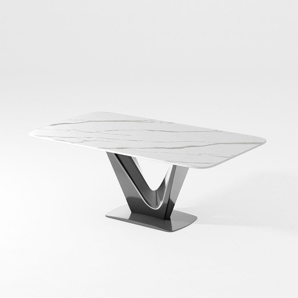 Modern White Dining Table- Rectangular Tabletop & V-Shape Base White