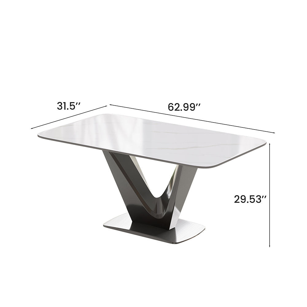 Modern White Dining Table- Rectangular Tabletop & V-Shape Base White