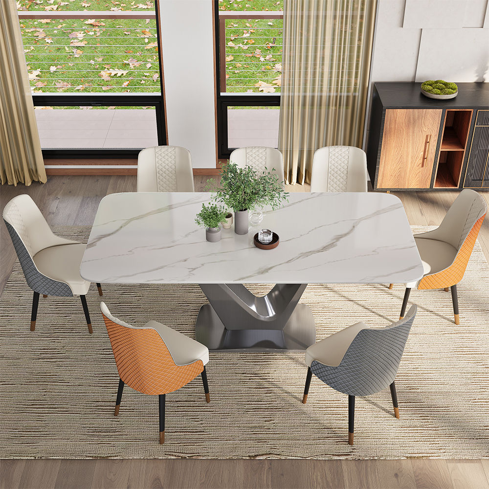 Modern White Dining Table- Rectangular Tabletop & V-Shape Base White